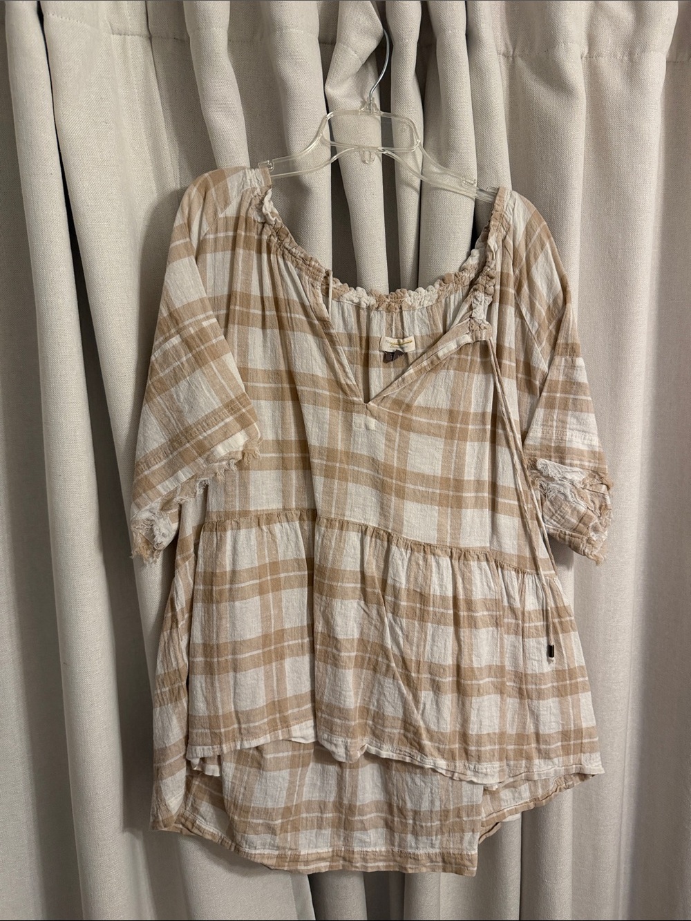 Anthropologie Beige and White Plaid Peasant Tunic